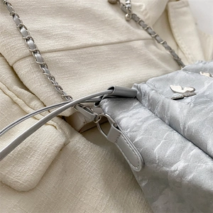 Chic silver pleated bucket bag with metallic butterfly detail and chain strap