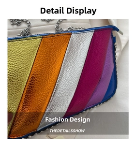 Macro shot of colorful metallic rainbow patchwork leather with fine lychee grain and studs