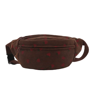 Brown corduroy crossbody bag with strawberry print and adjustable shoulder strap
