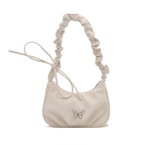 Chic beige ruched underarm bag with marble texture and silver butterfly buckle