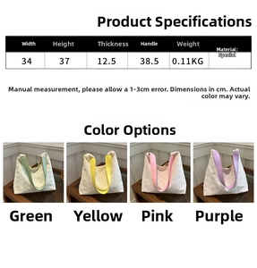 Detailed size chart and macaron color options for geometric textured tote bag