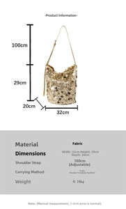 Tabella taglie dettagliata per borsa a secchiello in paillettes dorate con tracolla