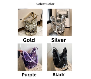 Dettaglio della borsa a secchiello con paillettes in oro, argento, viola e nero chic