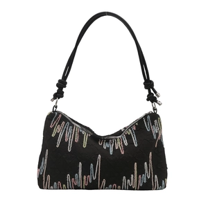 Fashionable black crescent shoulder bag with colorful wave embroidery and knot strap