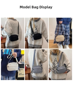 Détail de petits sacs bandoulière en nylon montrant le tissu imperméable et les charms