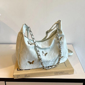 Women PU Pleated Hobo Shoulder Bag With Butterfly Metal Decor And Chain Strap Chic Sweet Crescent Bag For Daily Fashion
