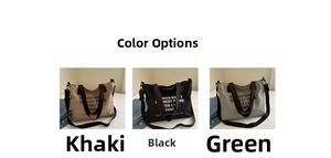 Three large canvas tote bags in khaki, black, and green shown side by side