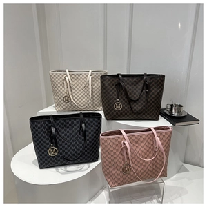 Classic tote bags with letter patterns in beige, brown, black, and pink colors