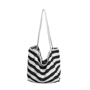 Large capacity black and white striped canvas tote bag with long double shoulder straps