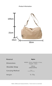 Detailed size chart for beige nylon crossbody bag showing 32x21x15cm dimensions