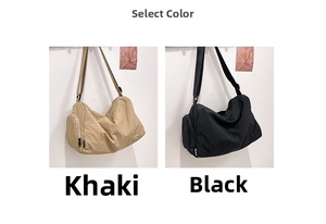 Comparison of khaki and black nylon messenger bags featuring adjustable straps and zipper pockets