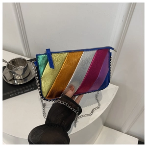 Detailed top view of rainbow metallic chain bag with silver beaded trim and stripe patterns