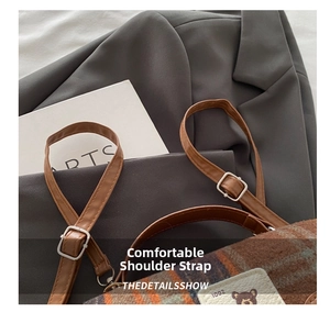 Detail of adjustable leather strap and plaid fabric with a vintage bear patch