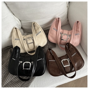 Detailed grid view of four PU leather crescent bags with large silver square buckle accents