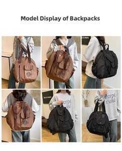 Detailed views of high-capacity nylon backpack worn as a shoulder and handbag