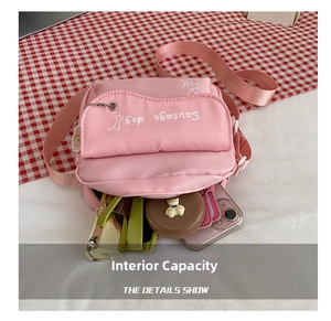 Internal storage capacity of a pink fabric crossbody bag with items inside
