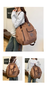 Brown nylon multifunctional bag shown in hand-carry and backpack modes by model