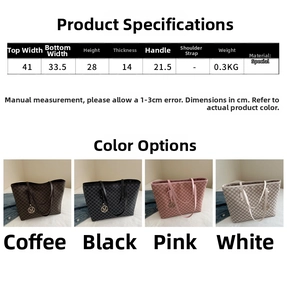 Detailed size chart for large patterned tote bag showing dimensions for commute use