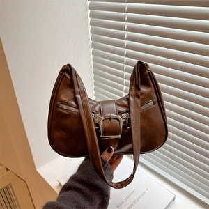 Vintage PU Leather Shoulder Bag Large Capacity Half Moon Dumpling Shape With Silver Buckle For Women