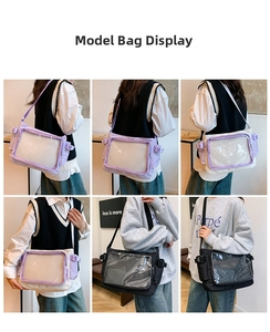 Detail view of large messenger bag with clear window and adjustable wide strap