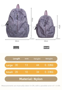 Size chart showing nylon backpack dimensions for large and small variants in purple