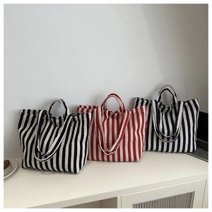 Minimalist striped canvas tote bags in black, red and blue with large capacity
