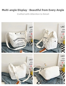 Detailed views of white canvas tote bag with lettering, side pocket and adjustable strap