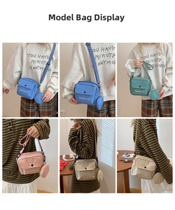 Detail showing various colors of the canvas crossbody bag set on model with small pouch