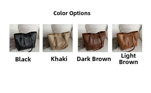 Minimalist leather tote bag collection shown in black, khaki, dark brown and light brown