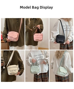 Collage of model wearing colorful canvas crossbody bags with cartoon puppy graphics