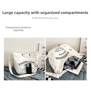 Detailed interior of a white canvas tote bag showing large capacity for iPad and phone