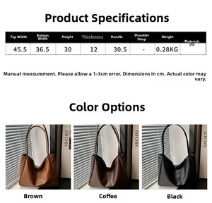 Tableau des tailles pour grand sac cabas en similicuir avec dimensions et trois coloris