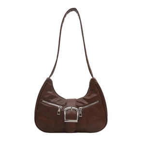 Brown vintage crescent hobo bag with silver zippers and buckle on white background