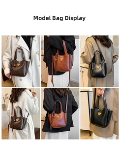 Retro bucket bag shown in coffee and black colors with versatile styling options