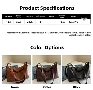 Size chart showing large PU leather tote dimensions and weight for the shoulder bag