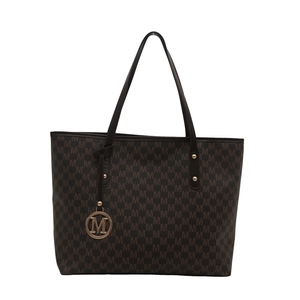 Brown tote bag with monogram print and M-shaped gold pendant charm for women
