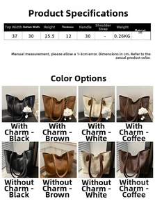Size chart showing PU leather tote bag dimensions and various colors with charms