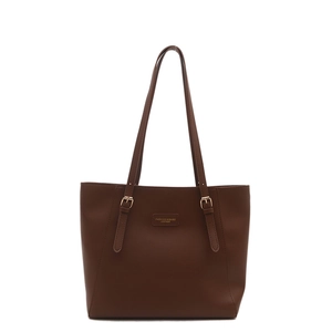 Classic brown leather tote bag with long adjustable shoulder straps and fashion logo