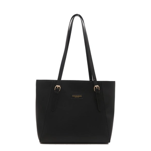 Grande borsa tote vintage in pelle nera con eleganti fibbie dorate e spalline sottili