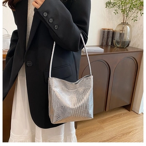 Chic silver crocodile pattern hobo bag worn by model in a stylish indoor setting