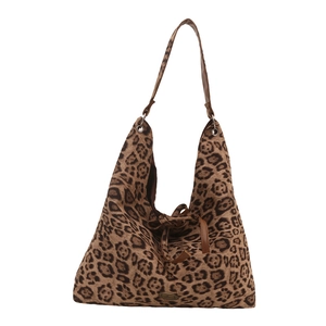 Leopard print large tote bag with brown leather straps and bow drawstring detail
