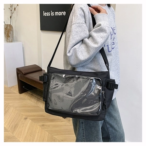 Vue détaillée du sac ita noir avec fenêtre transparente en PVC et boucles réglables
