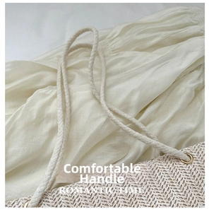 Detailed close-up of woven shoulder bag handle with romantic time text and natural texture