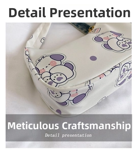 Close-up of durable stitching and cartoon dog pattern on a white canvas shoulder bag