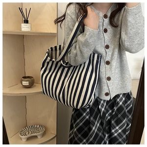 Close-up of a blue and white striped canvas tote bag worn over a shoulder in a cozy room