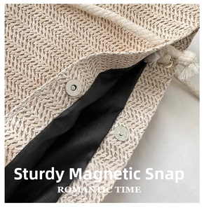 Detail of sturdy magnetic buckle closure on beige woven tote bag with cotton handles
