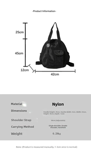 Size chart showing nylon backpack dimensions including width height and strap details