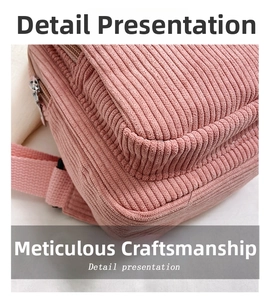 Detail shot of pink corduroy waist bag showing vertical texture and fine stitching