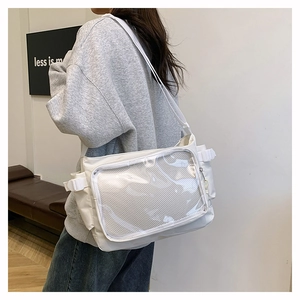White large capacity canvas messenger bag featuring a transparent PVC mesh compartment
