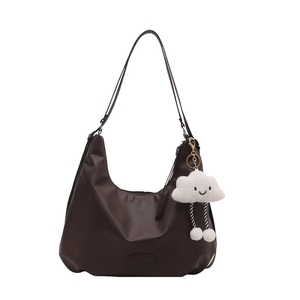 Deep brown soft PU leather hobo shoulder bag with a cute white cloud plush pendant